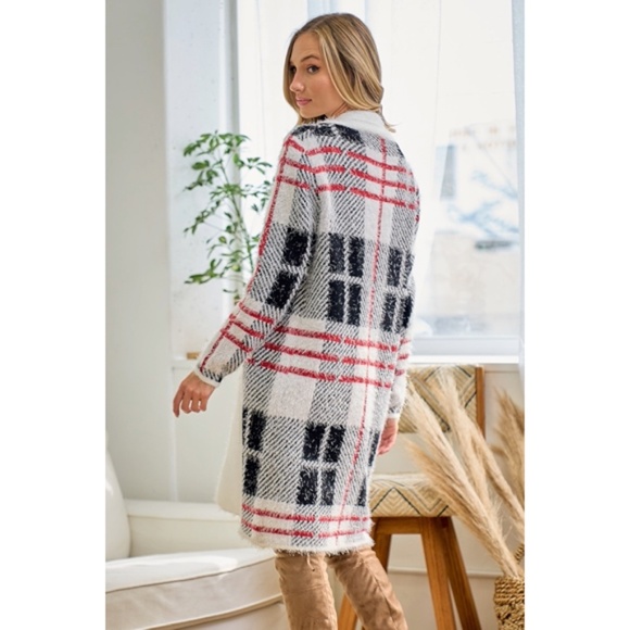 Red Ivory Fuzzy Eyelash Plaid Pattern Coatigan Cardigan Knit Sweater - Picture 3 of 4